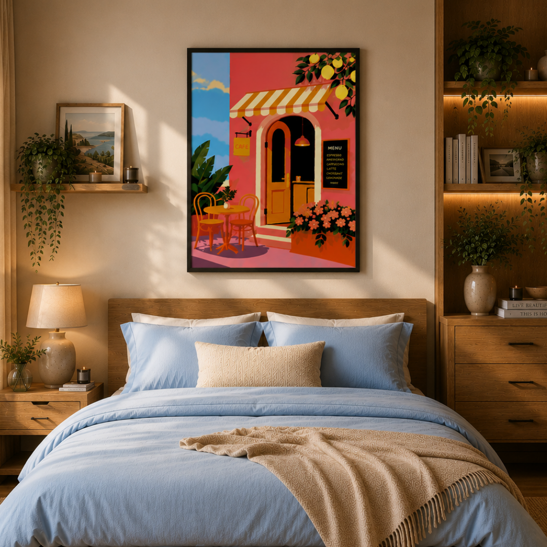 Bedroom with a colorful painting of a cafe on the wall above the bed.