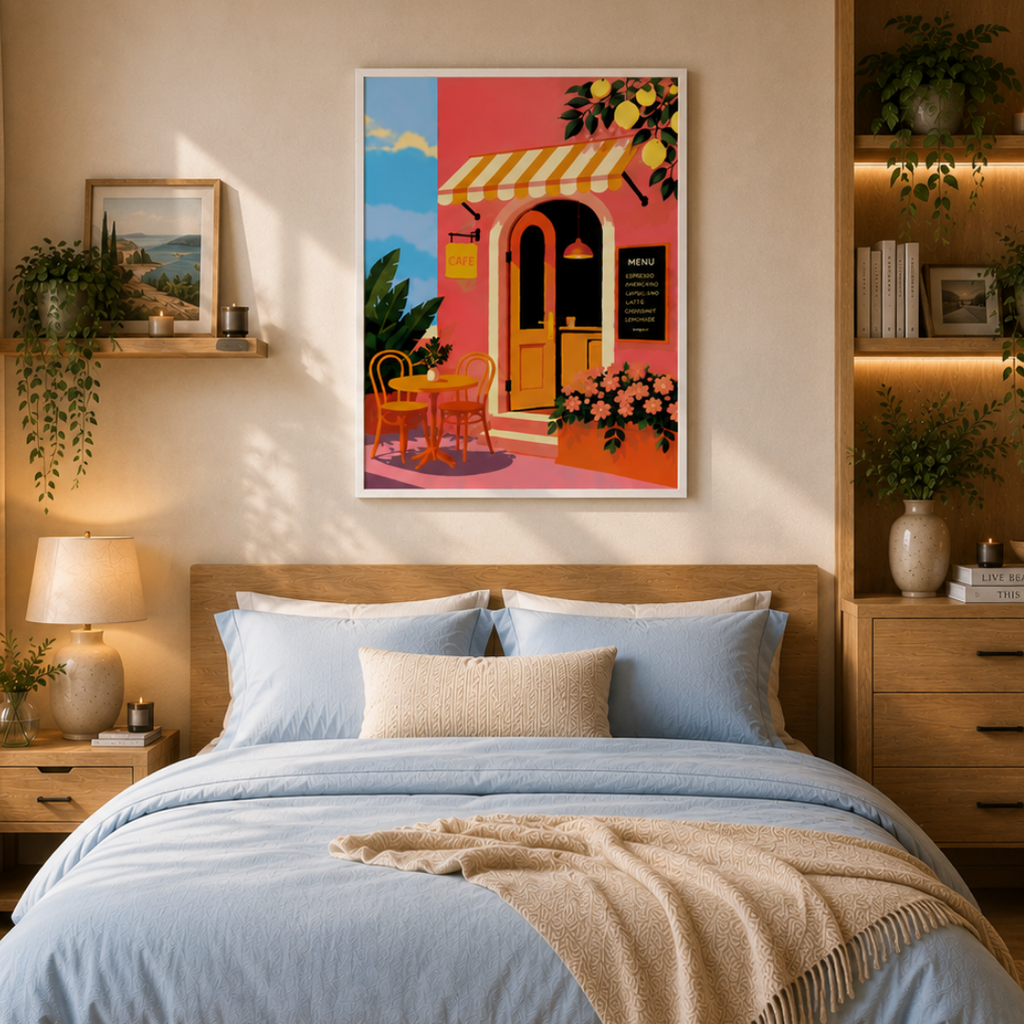 Bedroom with a colorful painting of a cafe on the wall above a bed.