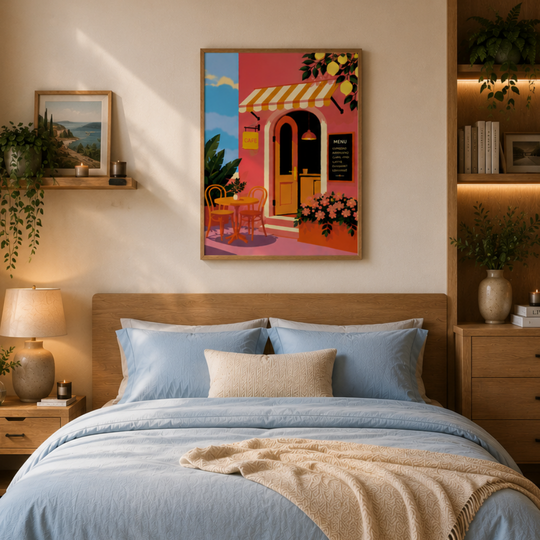 Bedroom with a colorful painting above the bed, soft lighting, and decorative elements.