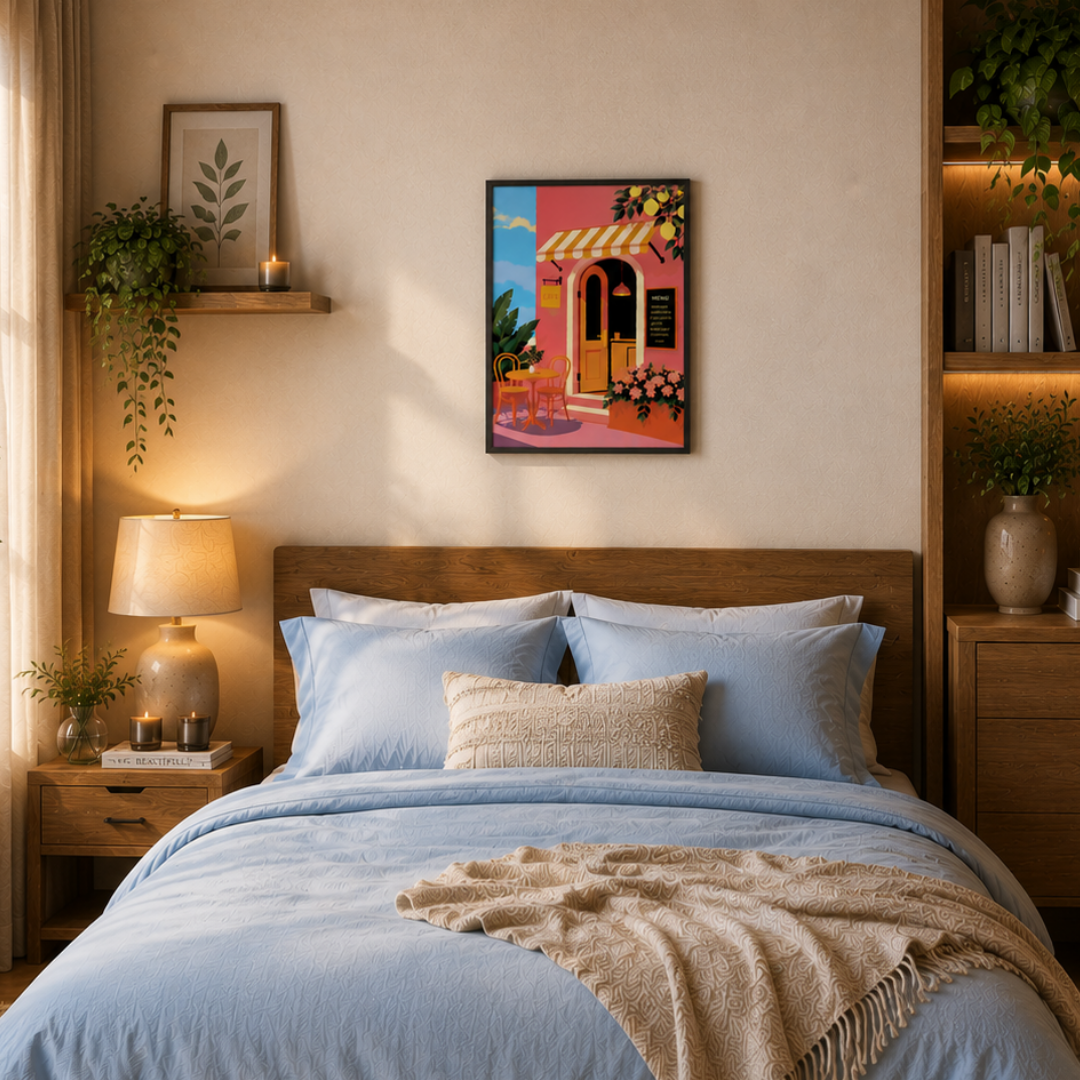 Cozy bedroom with a bed, nightstands, and wall art