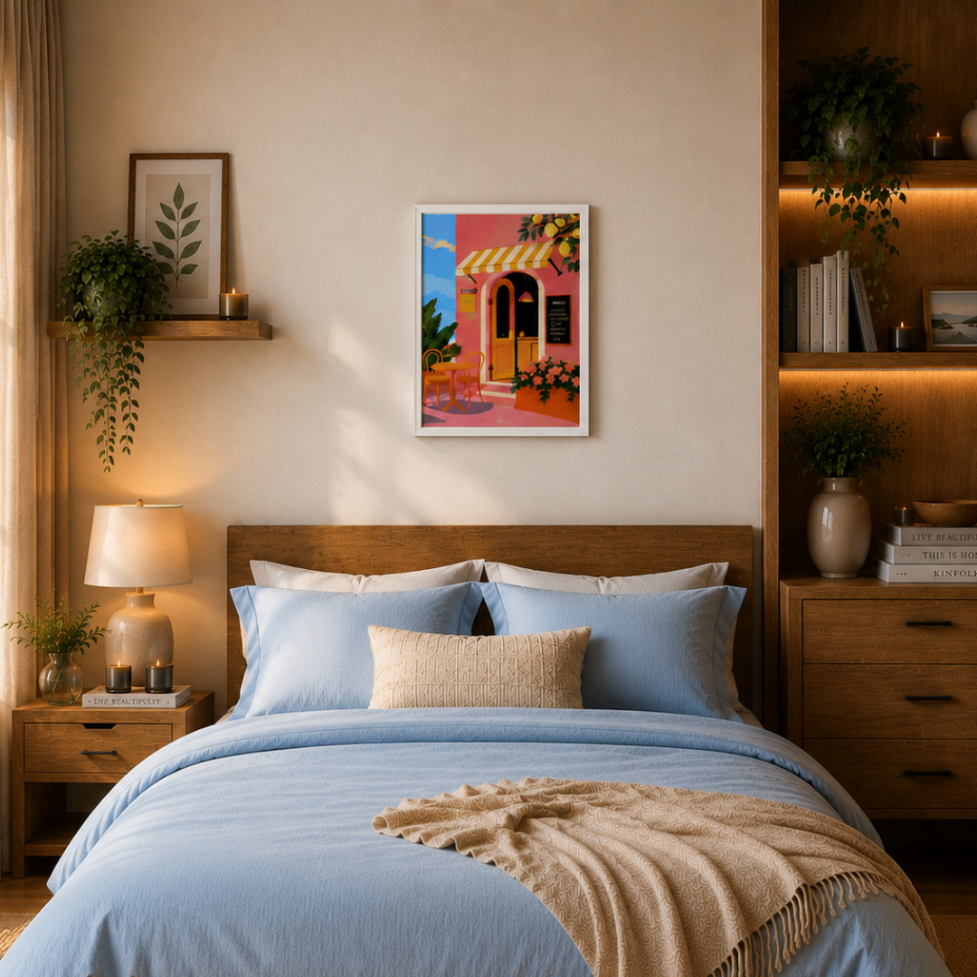 Bedroom with blue bedding, wooden headboard, and decorative wall art.