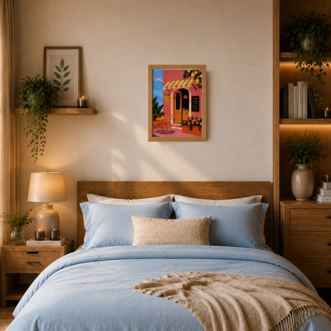 Cozy bedroom with wooden headboard, blue bedding, and decorative pillows.