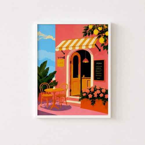 Framed artwork of a colorful outdoor cafe scene with a pink building and yellow awning.