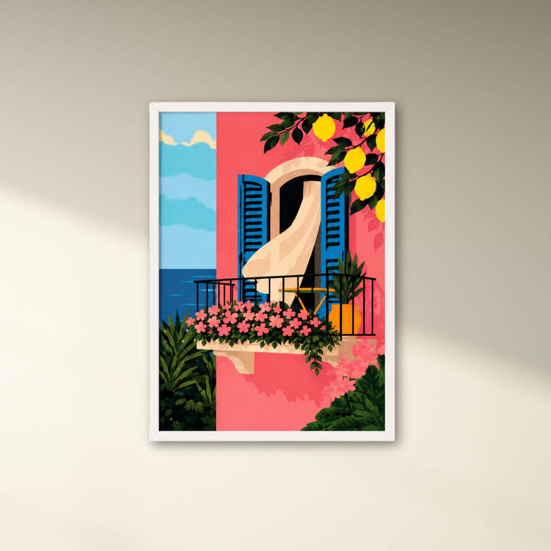 Framed artwork of a colorful balcony scene with flowers and ocean view on a beige wall.
