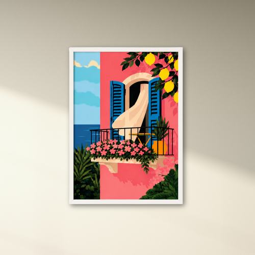Framed artwork of a colorful balcony scene with flowers and ocean view on a beige wall.