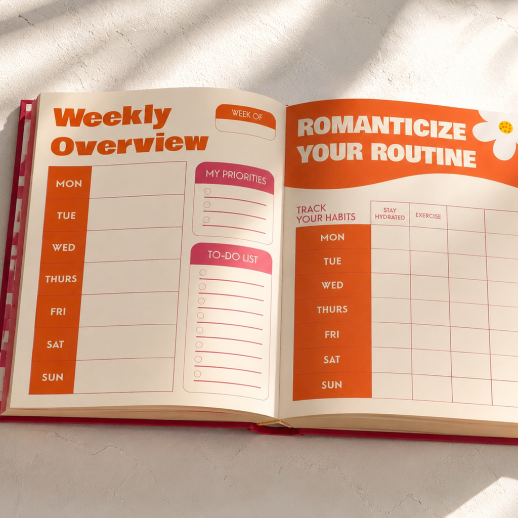 Open planner with 'Weekly Overview' and 'Habit Tracker' sections