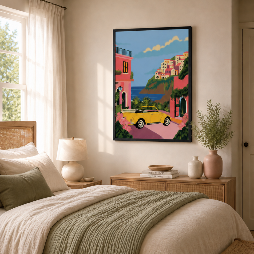 Bedroom with a colorful painting of a coastal scene on the wall.