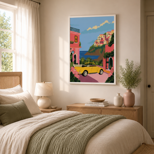 Bedroom with a colorful painting of a coastal scene on the wall.