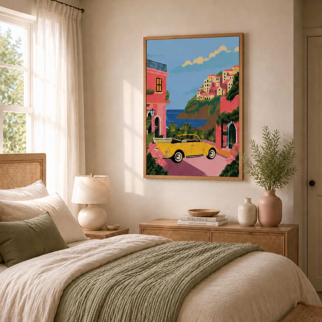 Bedroom with a colorful painting of a coastal scene on the wall.