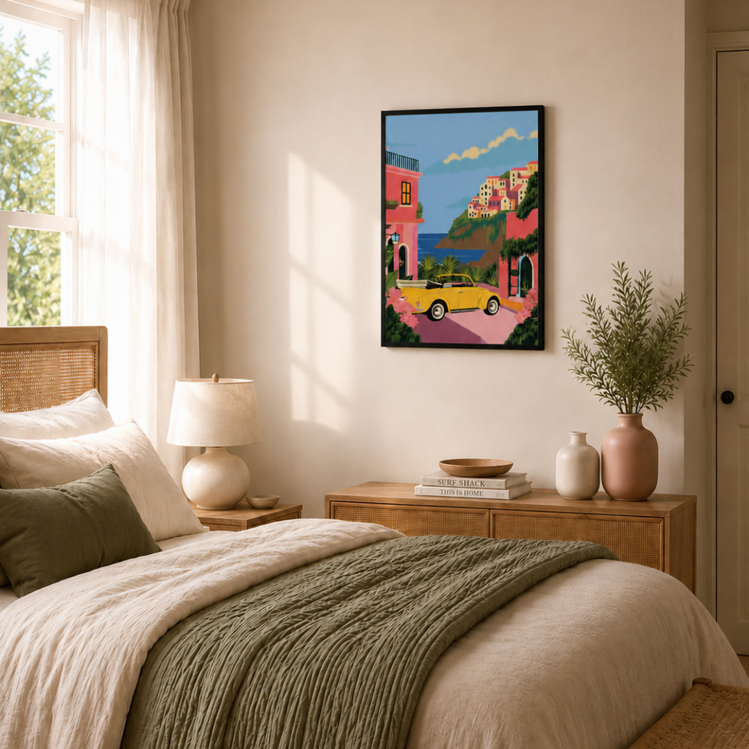 Bedroom with a colorful painting of a coastal scene on the wall above a bed.