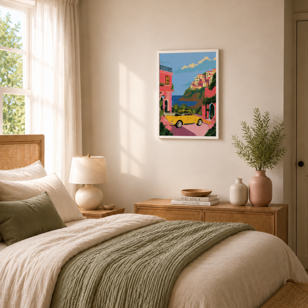 Bedroom with a colorful painting on the wall, lamp, and decor items.