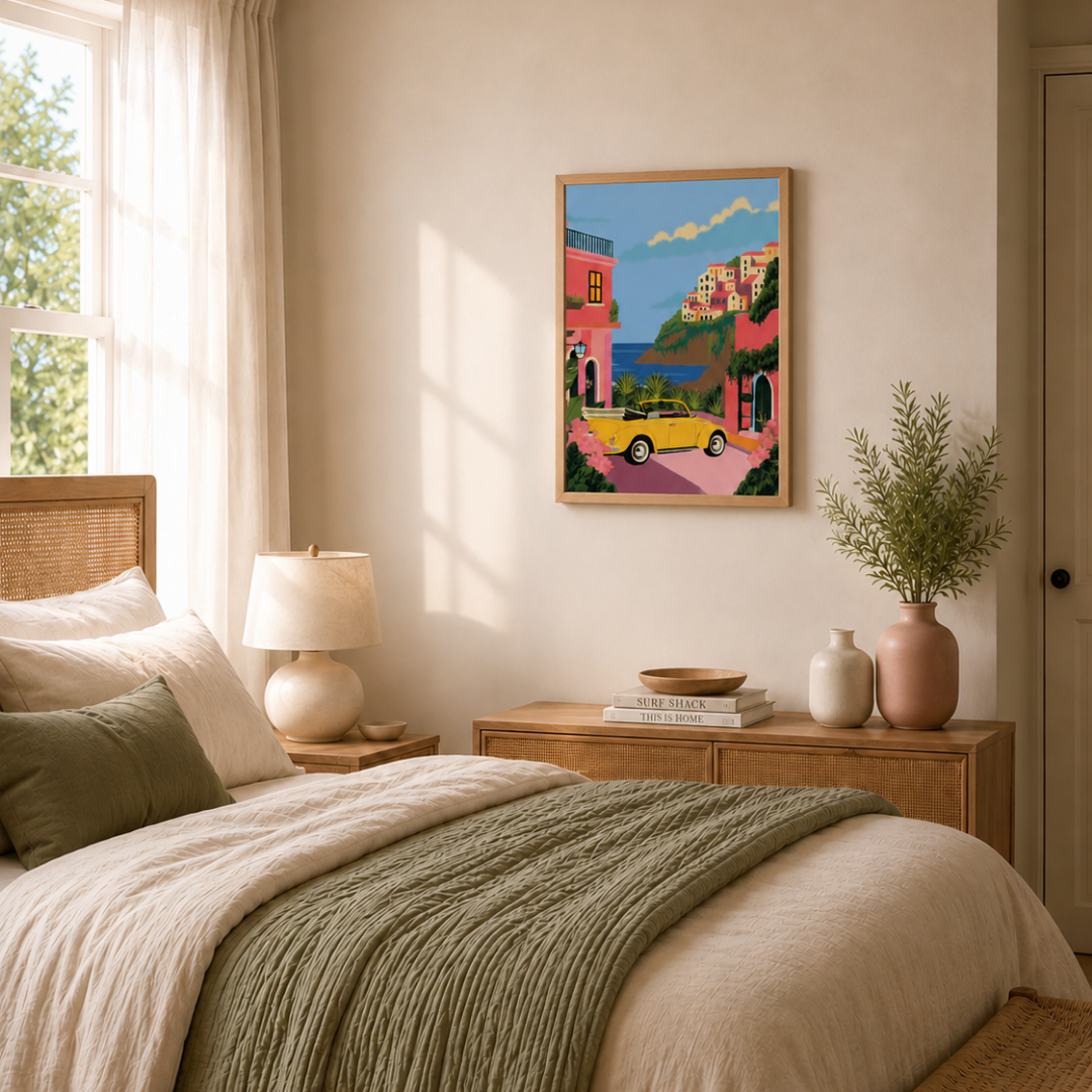 Bedroom with a colorful painting on the wall, lamp, and decor items.