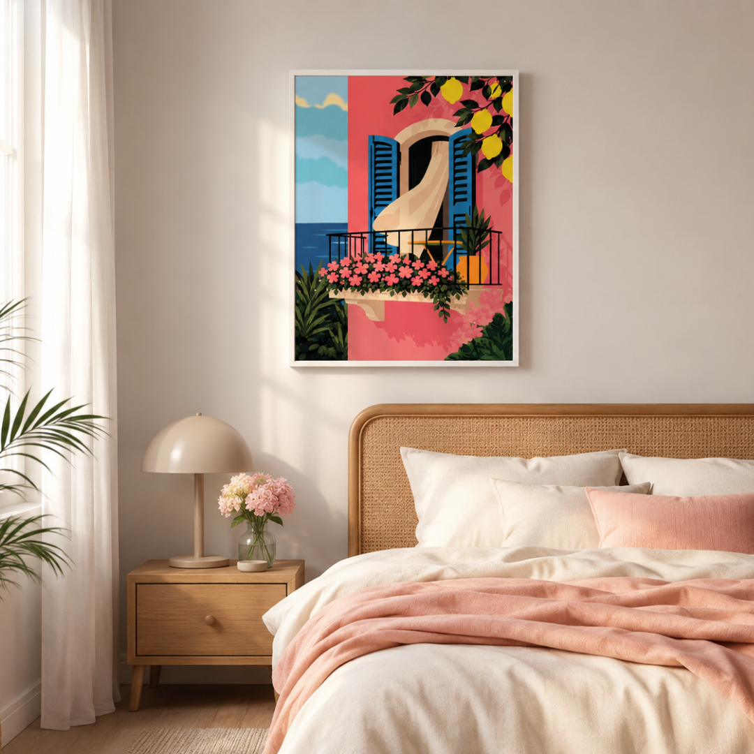 Bedroom with a colorful painting of a woman on a balcony, a bed with pink and white bedding, and a nightstand with a lamp and flowers.