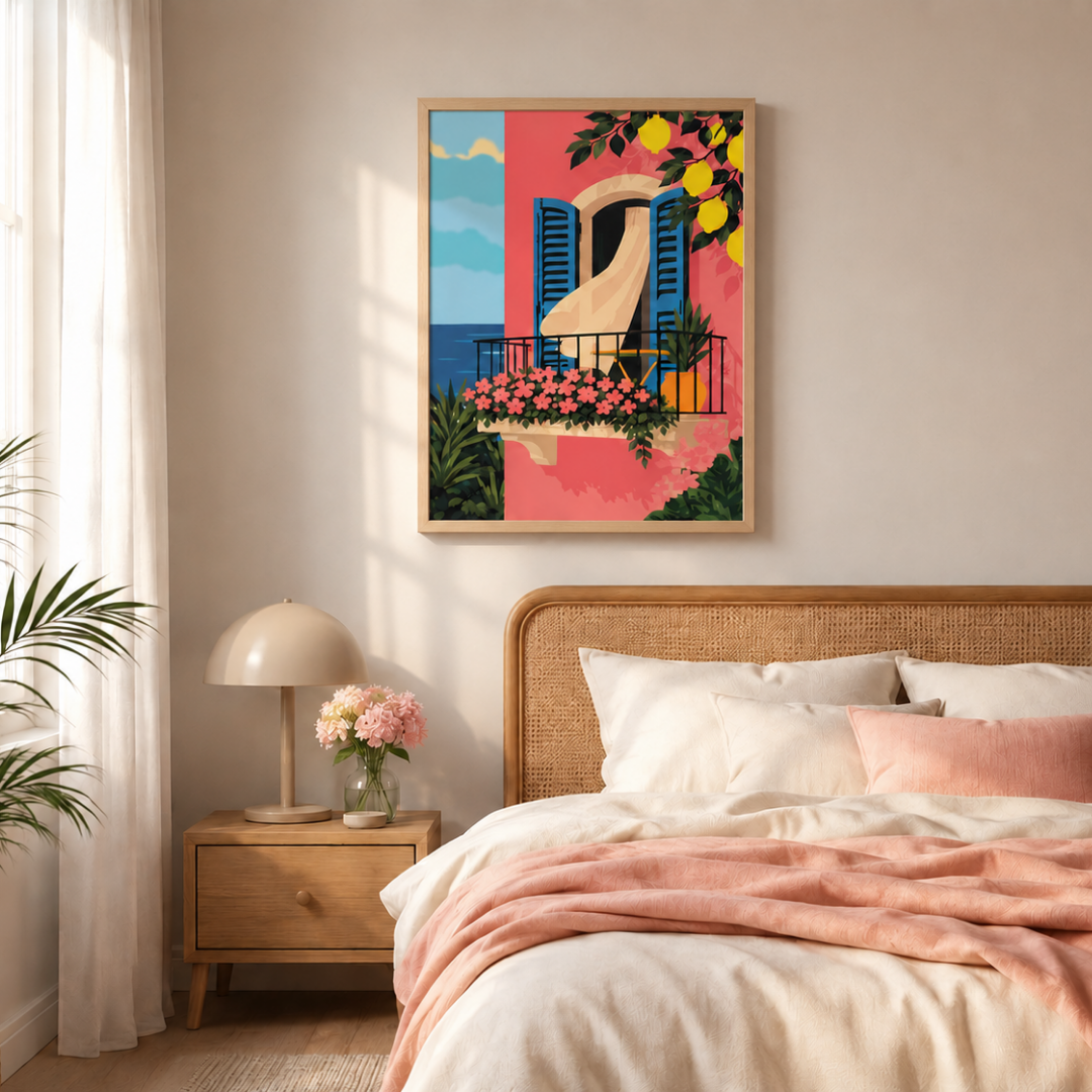 Bedroom with a colorful painting above the bed, lamp, and flowers on a nightstand.