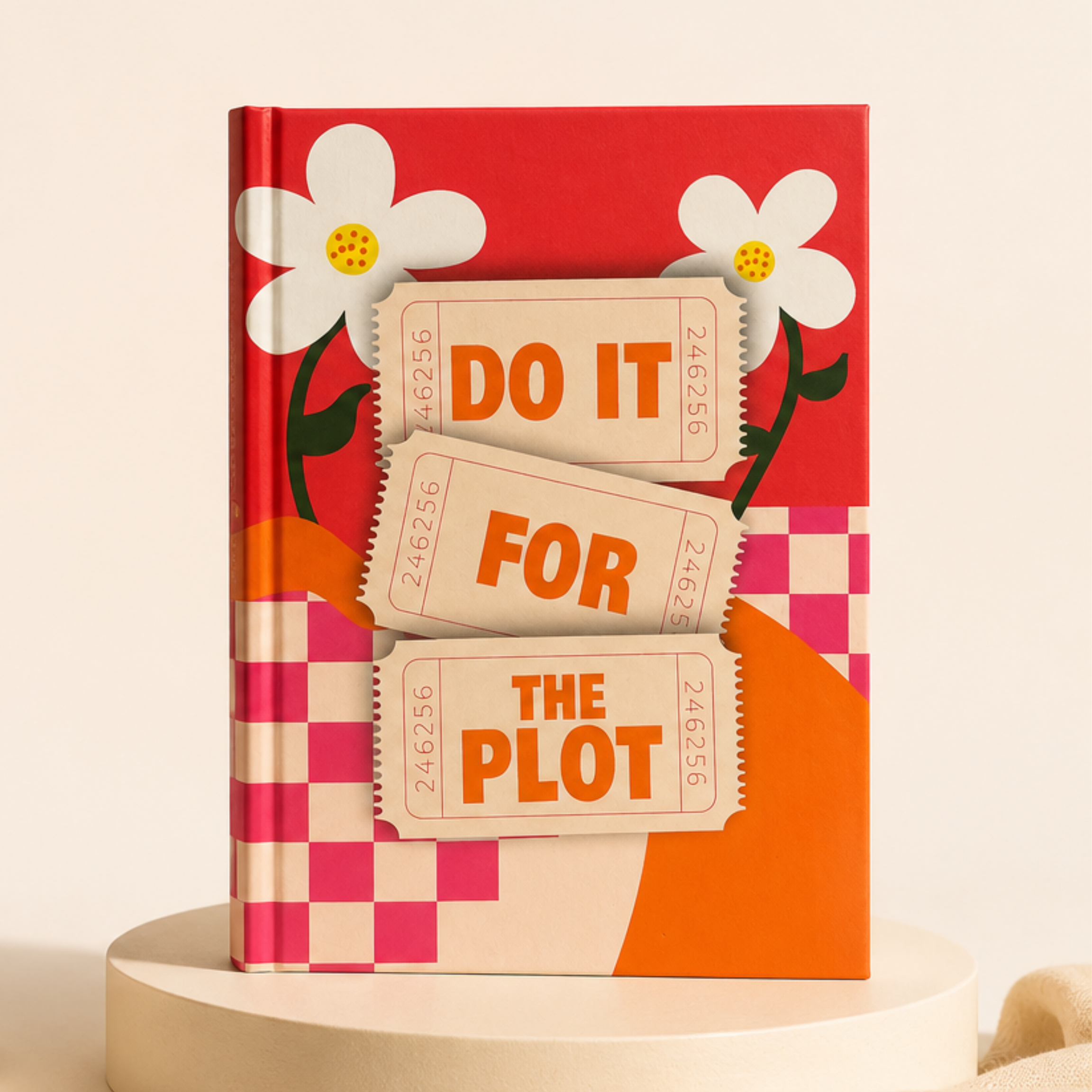 Planner cover with floral and ticket design on a red and orange background